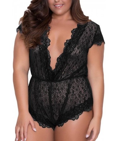 Plus Size Lingerie for Women Sexy Off-Shoulder See Through Sheer Mesh Plunging Lace Trim Teddy - Black - C318YSY2Q4G $20.89 B...