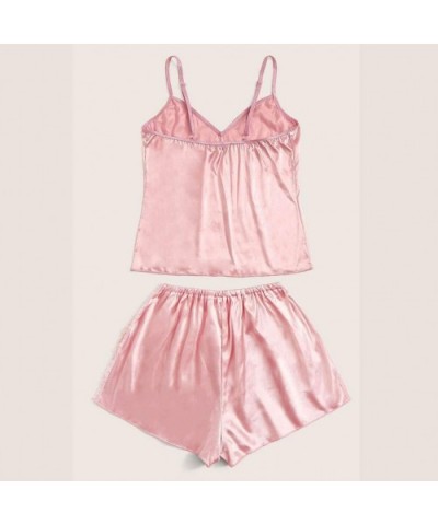 Pajamas Set- Women Satin Embroidery Lace Silk Camisole Shorts Set Sleepwear Pajamas Lingerie - A-pink - C318XW0827K $17.20 Slips