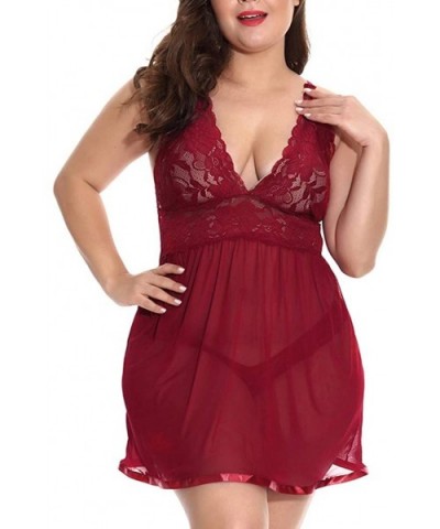 Women V Neck Lace Nightdress Plus Size Chemise Babydoll Bodysuit Sleepdress Lingerie - Wine - CK1973DRCLL $23.27 Accessories