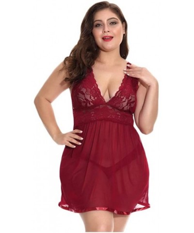 Women V Neck Lace Nightdress Plus Size Chemise Babydoll Bodysuit Sleepdress Lingerie - Wine - CK1973DRCLL $23.27 Accessories