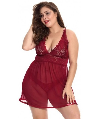 Women V Neck Lace Nightdress Plus Size Chemise Babydoll Bodysuit Sleepdress Lingerie - Wine - CK1973DRCLL $23.27 Accessories