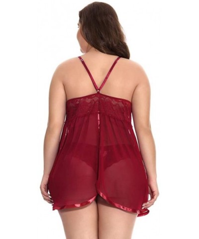 Women V Neck Lace Nightdress Plus Size Chemise Babydoll Bodysuit Sleepdress Lingerie - Wine - CK1973DRCLL $23.27 Accessories