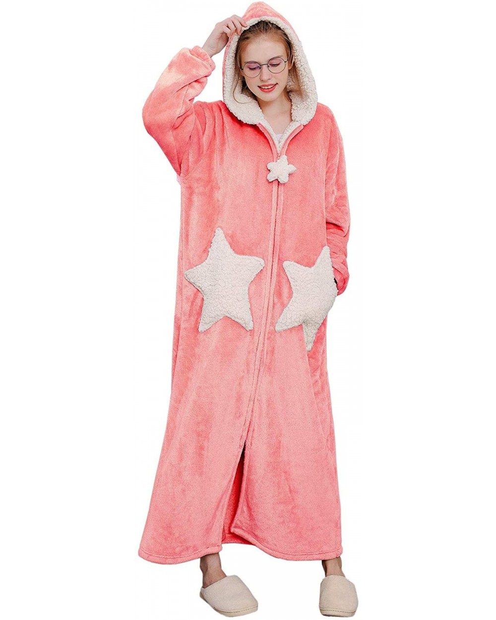 Womens Zip Up Long Robe with Hood-Moon Star Womens Bathrobes-Plush Warm Robes for Women Pink - C9193XZX80T $77.06 Robes