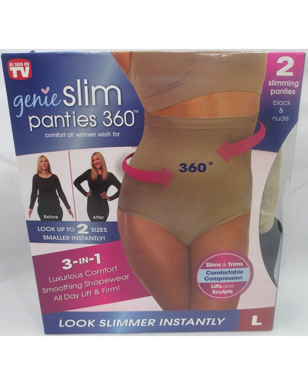 Genie Slim Panties 360 Slimming Panty Underwear Slims & Trims Women Size Large 2 Pair (1 Pair Black and 1 Pair Nude) - CO18CE...