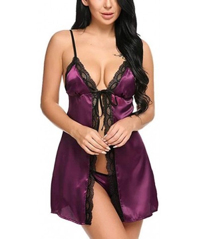 Women Bow Silk Satin Lingerie Hollow Backless Nightdress Sleepwear Pajamas S-3XL - Purple - C2194T88D2T $13.27 Slips