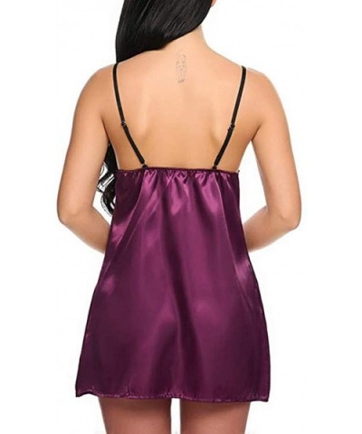 Women Bow Silk Satin Lingerie Hollow Backless Nightdress Sleepwear Pajamas S-3XL - Purple - C2194T88D2T $13.27 Slips