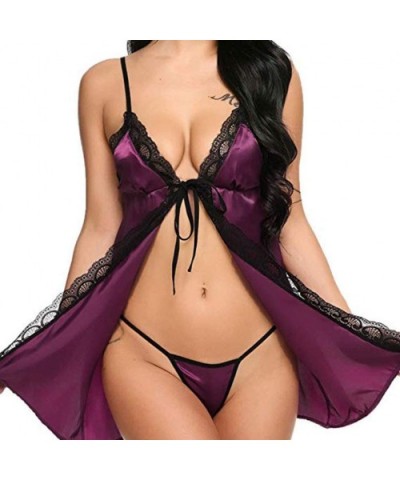 Women Bow Silk Satin Lingerie Hollow Backless Nightdress Sleepwear Pajamas S-3XL - Purple - C2194T88D2T $13.27 Slips