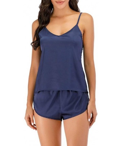 Sleepwear Womens Sexy Lingerie Solid Satin Pajamas Cami Shorts Set Nightwear - Navy - CR190HQ7K0M $32.56 Sets