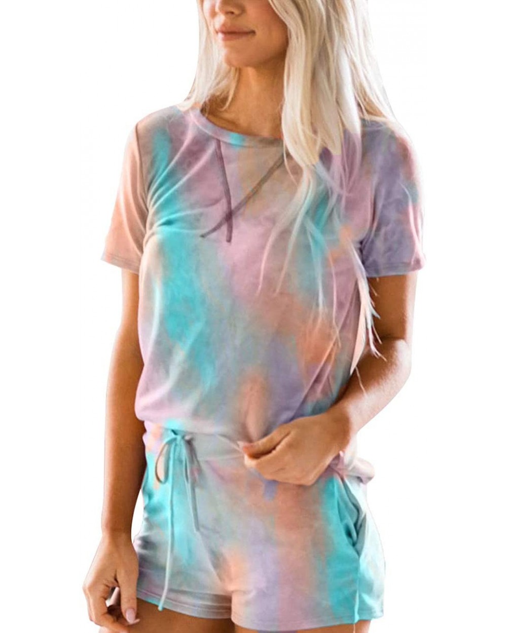 Womens Tie Dye Print Pajama Sets Short Sleeve Tee and Shorts Loungewear Sleepwear - Multi - CB197ZII20N $41.19 Sets