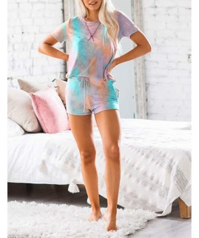 Womens Tie Dye Print Pajama Sets Short Sleeve Tee and Shorts Loungewear Sleepwear - Multi - CB197ZII20N $41.19 Sets