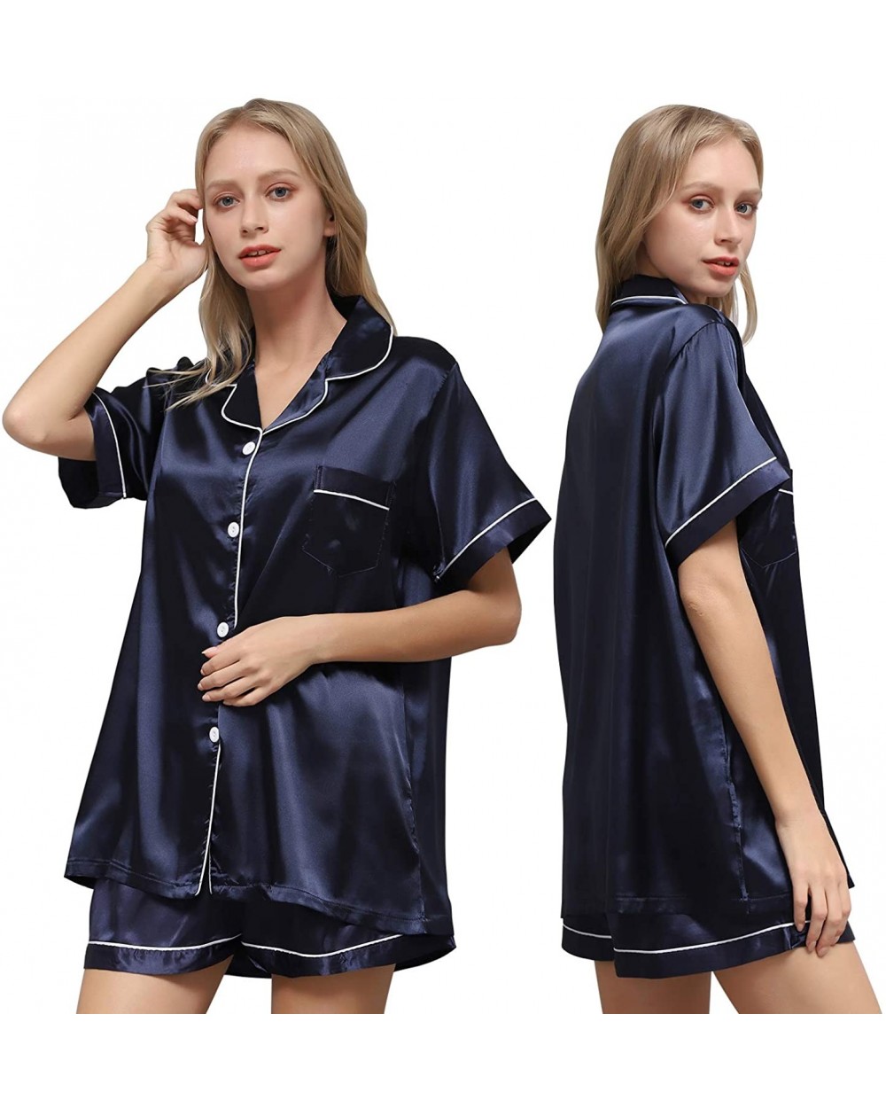 Women's Silk Satin Pajama- Ladies Pajamas Set Soft- Sleepwear Set - Blue - CP197CTYGQ8 $35.91 Sets