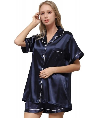 Women's Silk Satin Pajama- Ladies Pajamas Set Soft- Sleepwear Set - Blue - CP197CTYGQ8 $35.91 Sets