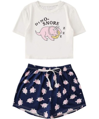 Women's Cartoon Rabbit Print Sleepwear Short Sleeve Top and Shorts Cute Pajama Set - White and Navy - C51993N44EC $25.86 Sets