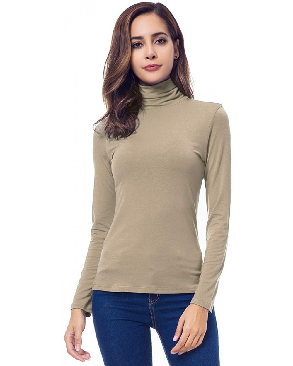 Womens Long Sleeve Turtleneck Lightweight Slim Active Shirt - Light Coffee - CV18A8URZYZ $26.12 Thermal Underwear