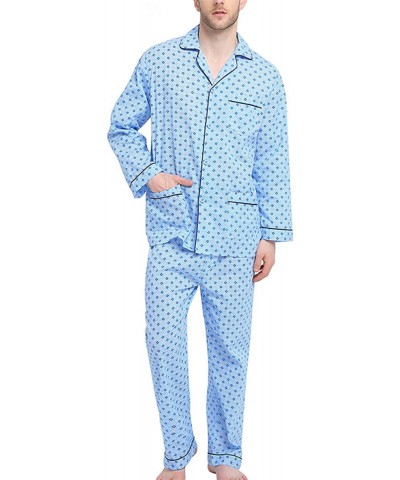 Mens Pajamas Set- 100% Cotton Woven Drawstring Sleepwear Set with Top and Pants/Bottoms - Light Blue With Checkered Prints - ...