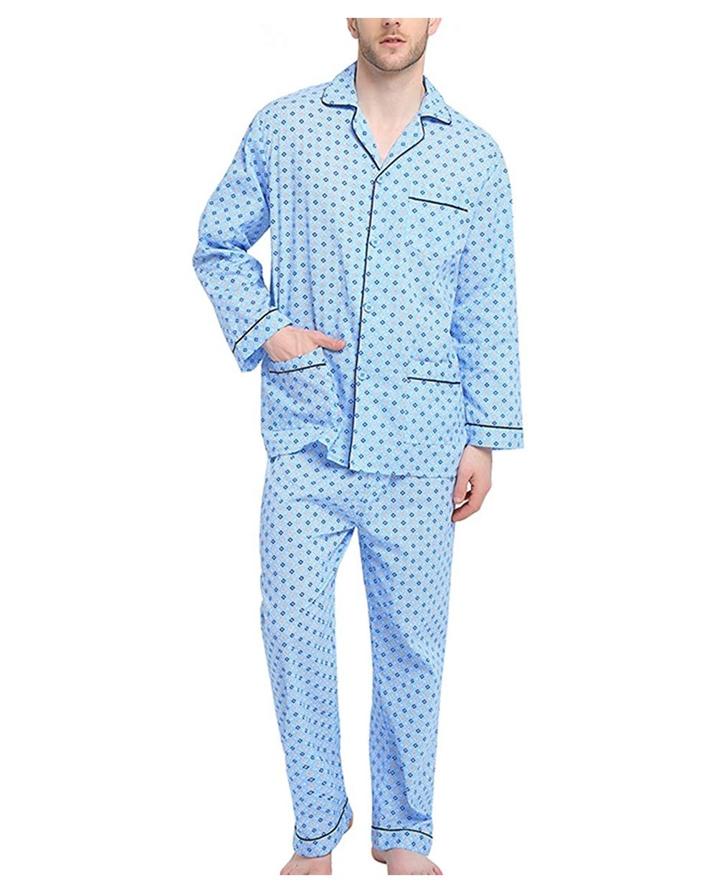 Mens Pajamas Set- 100% Cotton Woven Drawstring Sleepwear Set with Top and Pants/Bottoms - Light Blue With Checkered Prints - ...