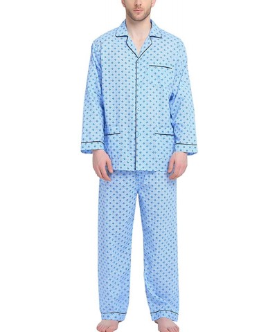 Mens Pajamas Set- 100% Cotton Woven Drawstring Sleepwear Set with Top and Pants/Bottoms - Light Blue With Checkered Prints - ...