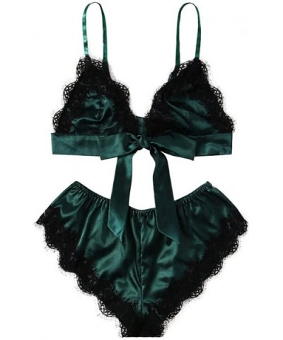 Women's Sexy Satin Lace Patchwork Bandage Sleepwear Lingerie + Underwear 2 PCS Set - Green - CS18UU4UW9L $22.04 Bras