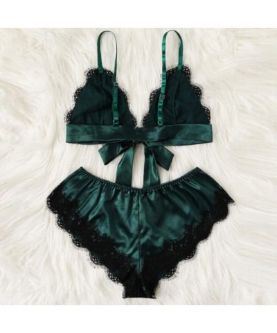 Women's Sexy Satin Lace Patchwork Bandage Sleepwear Lingerie + Underwear 2 PCS Set - Green - CS18UU4UW9L $22.04 Bras