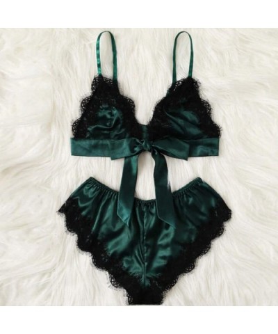 Women's Sexy Satin Lace Patchwork Bandage Sleepwear Lingerie + Underwear 2 PCS Set - Green - CS18UU4UW9L $22.04 Bras