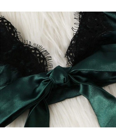 Women's Sexy Satin Lace Patchwork Bandage Sleepwear Lingerie + Underwear 2 PCS Set - Green - CS18UU4UW9L $22.04 Bras