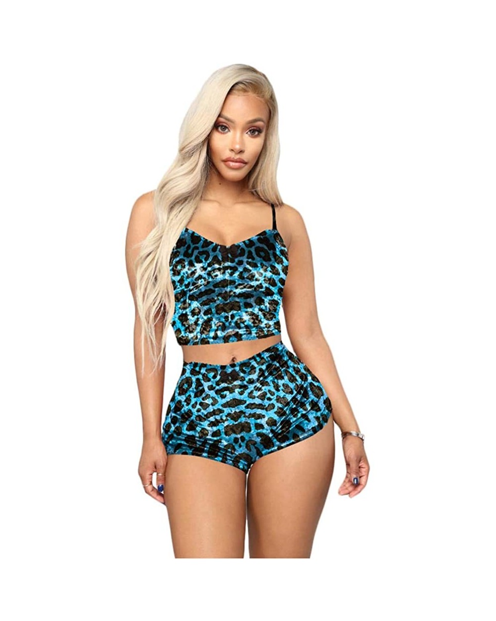 Women's Sexy Velvet Strappy Camisole Cami Top Shorts 2 Piece Pajama Sleepwear Outfit Nightwear Set - Leopard Blue - CY19G8IYI...