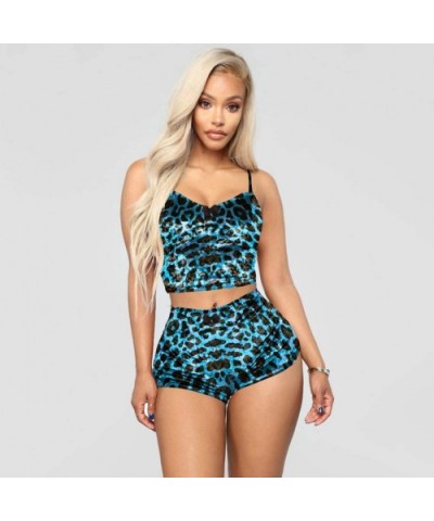 Women's Sexy Velvet Strappy Camisole Cami Top Shorts 2 Piece Pajama Sleepwear Outfit Nightwear Set - Leopard Blue - CY19G8IYI...