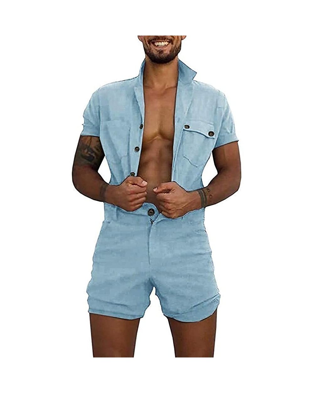 Men's Short-Sleeve Coverall Fashion Pure-Colour Large Size Button Pocket Jumpsuit - Blue - CI19CZ8INH4 $37.19 Sleep Sets