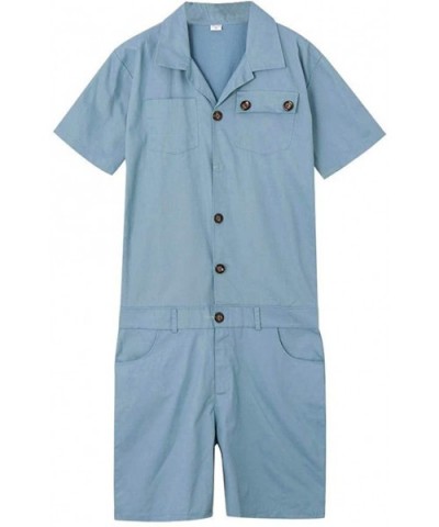 Men's Short-Sleeve Coverall Fashion Pure-Colour Large Size Button Pocket Jumpsuit - Blue - CI19CZ8INH4 $37.19 Sleep Sets