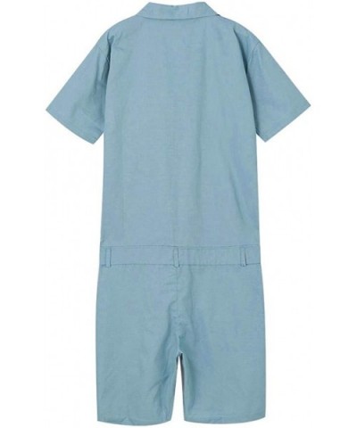 Men's Short-Sleeve Coverall Fashion Pure-Colour Large Size Button Pocket Jumpsuit - Blue - CI19CZ8INH4 $37.19 Sleep Sets