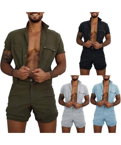 Men's Short-Sleeve Coverall Fashion Pure-Colour Large Size Button Pocket Jumpsuit - Blue - CI19CZ8INH4 $37.19 Sleep Sets