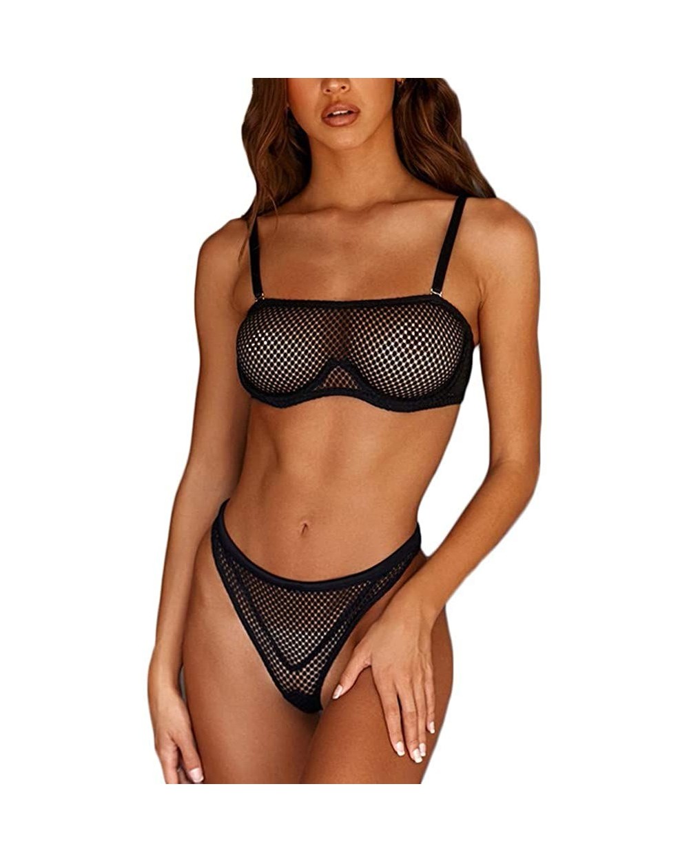 Sexy Underwear Women Mesh Wire Free Bralette Bra Brief Set Sexy Lingerie Mesh - Black - CG18ZNUHYRE $17.66 Bustiers & Corsets