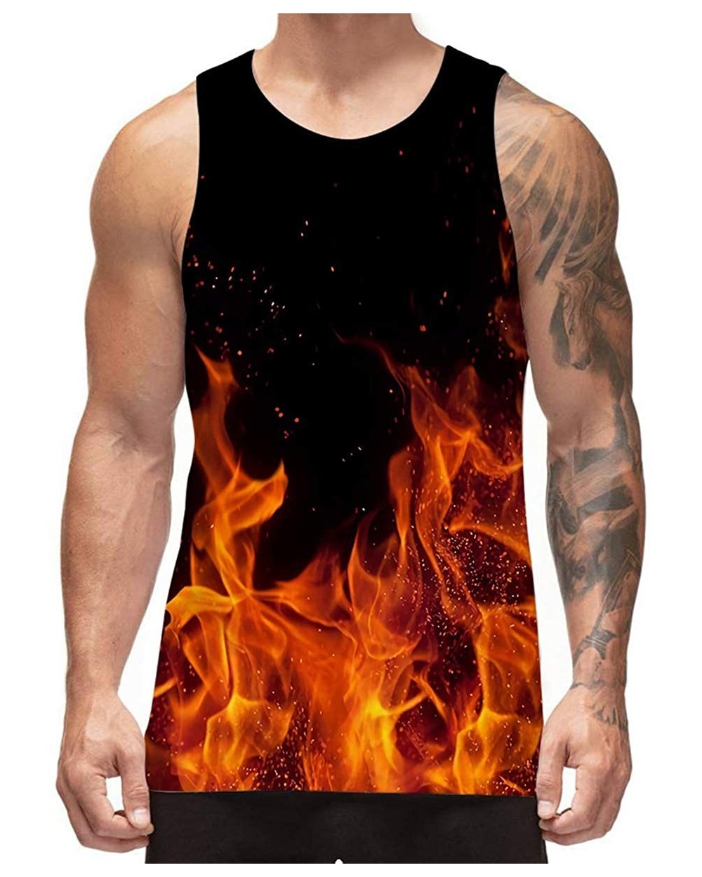 Men's All Over Print Funny Tank Tops Breathable Summer Casual Sleeveless Beach Graphic Tee/Swimming Trunks - Fire Flame - C61...