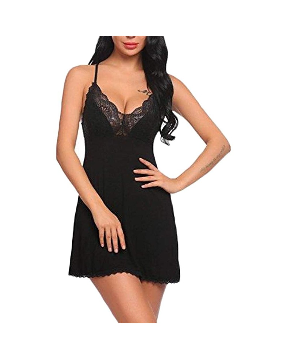 Women Full Slips Lace Sleepwear V Neck Modal Chemise Nightgown Sexy Lingerie Dress - Black - CU18KIDCIYS $16.26 Slips