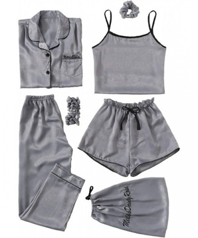 Women's Pajama Sets Long Sleeve Satin Print Cami Top and Shorts Sleepwear - Grey1 - CU1906I9ZG0 $47.90 Sets