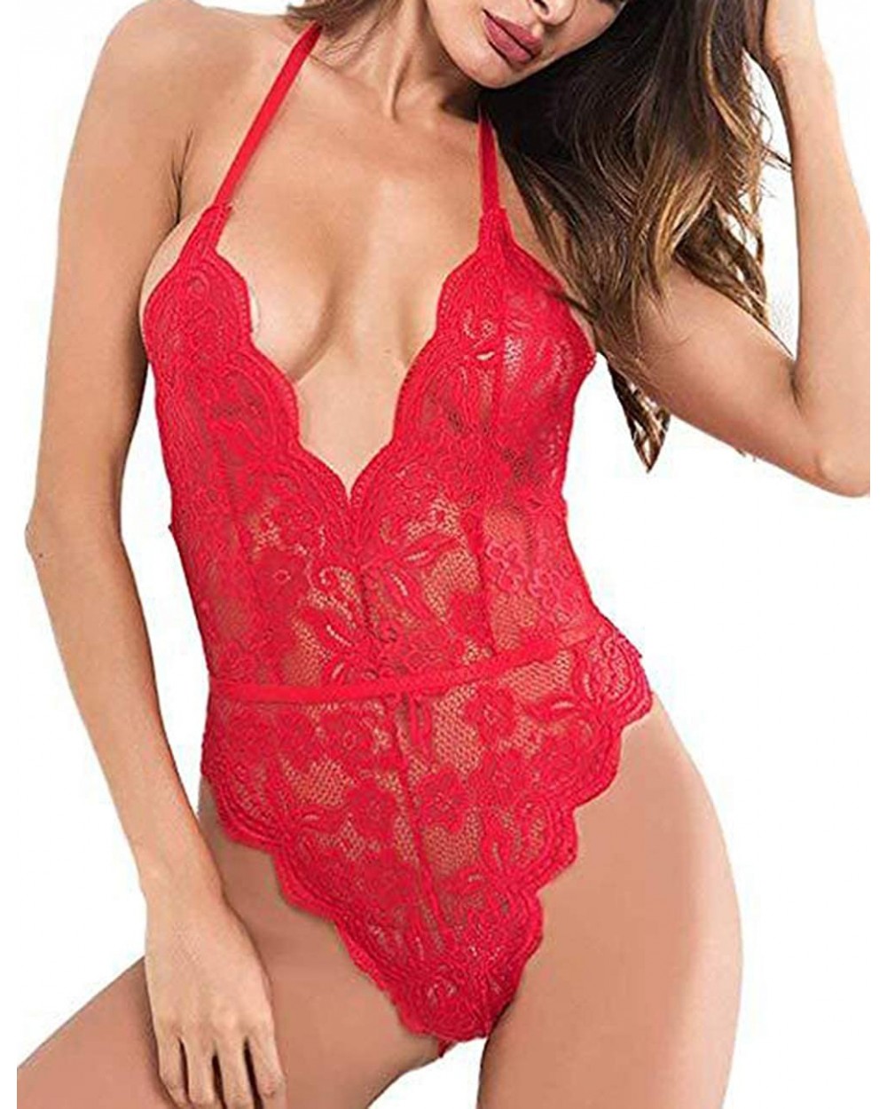 Women's Sexy Lingerie Teddy Plunge V Neck Mesh Sleeveless Criss Cross Sheer One Piece Babydoll Bodysuit - B-red - CZ18Z0KD5S7...