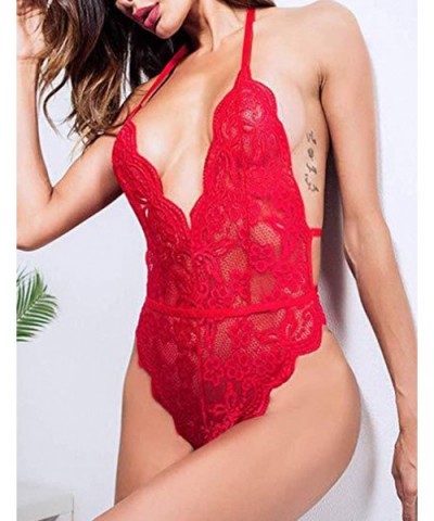 Women's Sexy Lingerie Teddy Plunge V Neck Mesh Sleeveless Criss Cross Sheer One Piece Babydoll Bodysuit - B-red - CZ18Z0KD5S7...