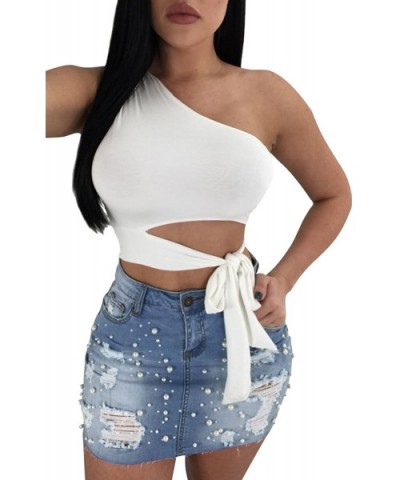 Women's Sexy One Shoulder Bandage Sleeveless Crop Tank Top - White - CL18CZ24D99 $21.73 Camisoles & Tanks