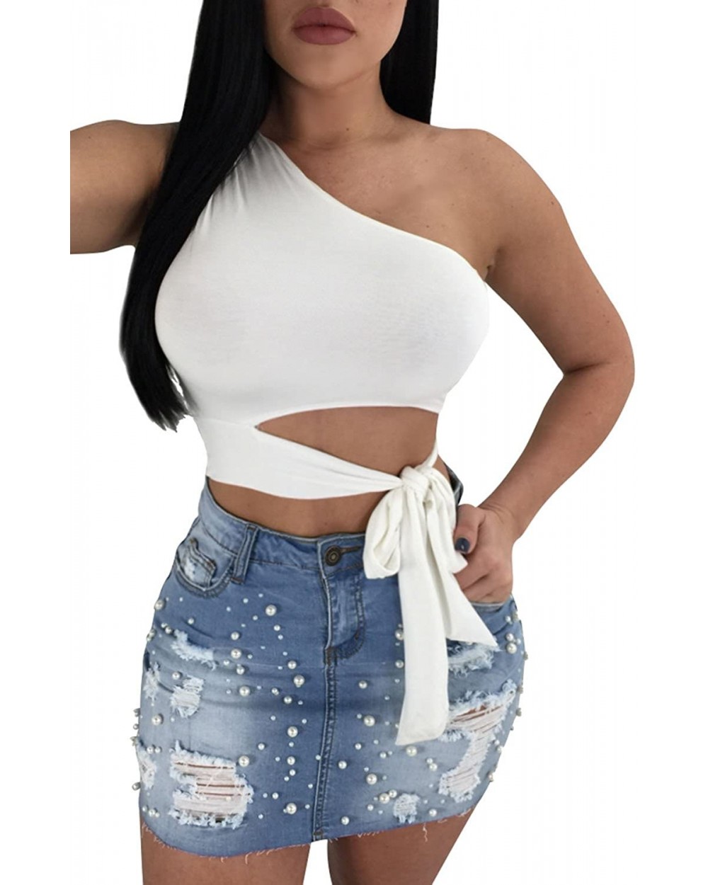 Women's Sexy One Shoulder Bandage Sleeveless Crop Tank Top - White - CL18CZ24D99 $21.73 Camisoles & Tanks