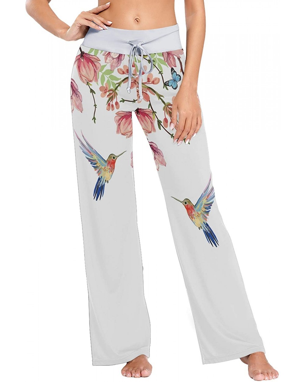 Women's Comfy Stretch High Waist Drawstring Palazzo Wide Leg Pants - Tropical Japanese Magnolia Butterflies - C7199DZUZOL $44...