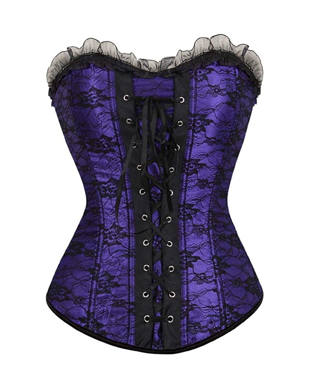 Women Lace Cover Overbust Corset Lace Up Boned Lingerie Zipper Side Carnival Body Shaper Push Up Bustier - Purple - CX18UI3D3...