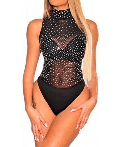 Women's Sexy Rhinestone Sheer Mesh Long Sleeve Bodysuits Clubwear - Silver Rhinestone - CD18YNOXQYU $24.91 Shapewear