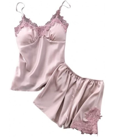 Womens Sleepwear Sets-Sexy Satin Sling Shorts and Lace Camisole Loose Thin Lingeries - Pink - CF18SDYHHCM $12.08 Shapewear