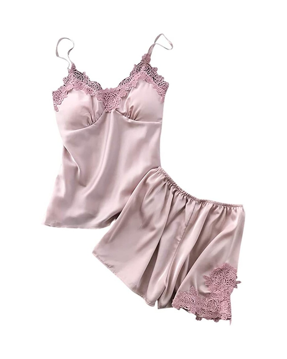 Womens Sleepwear Sets-Sexy Satin Sling Shorts and Lace Camisole Loose Thin Lingeries - Pink - CF18SDYHHCM $12.08 Shapewear