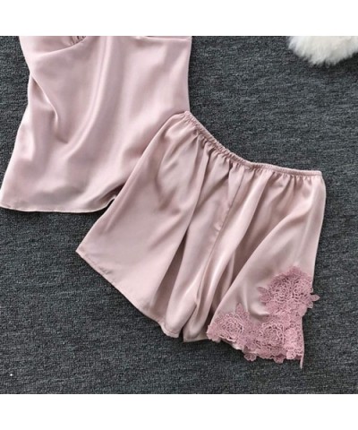 Womens Sleepwear Sets-Sexy Satin Sling Shorts and Lace Camisole Loose Thin Lingeries - Pink - CF18SDYHHCM $12.08 Shapewear