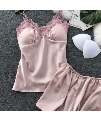 Womens Sleepwear Sets-Sexy Satin Sling Shorts and Lace Camisole Loose Thin Lingeries - Pink - CF18SDYHHCM $12.08 Shapewear