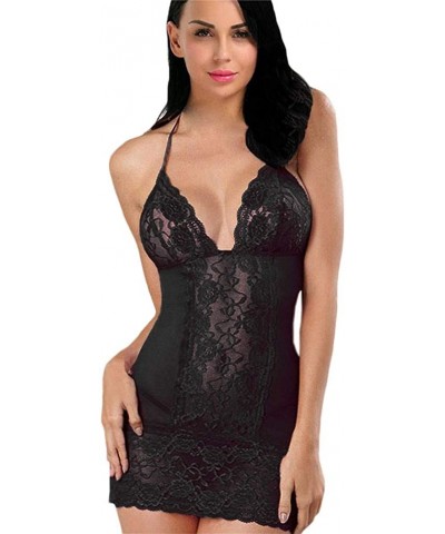 Women Lingerie Sexy Chemise Nightie Lace Babydoll V Neck Sleepwear Slip Dress Mini Deep V Strap Chemise - Black - C818AG8OS3K...