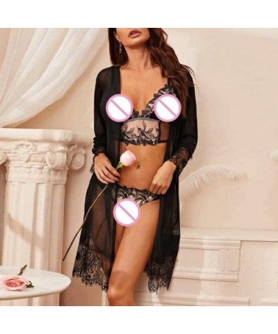 Women Lace Mesh Splice Long Sleeve Lingerie Beach Smocked Pajamas Robe Bathrobe - Black - CY1973ECHU4 $14.00 Robes