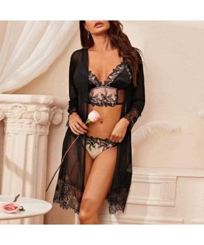 Women Lace Mesh Splice Long Sleeve Lingerie Beach Smocked Pajamas Robe Bathrobe - Black - CY1973ECHU4 $14.00 Robes