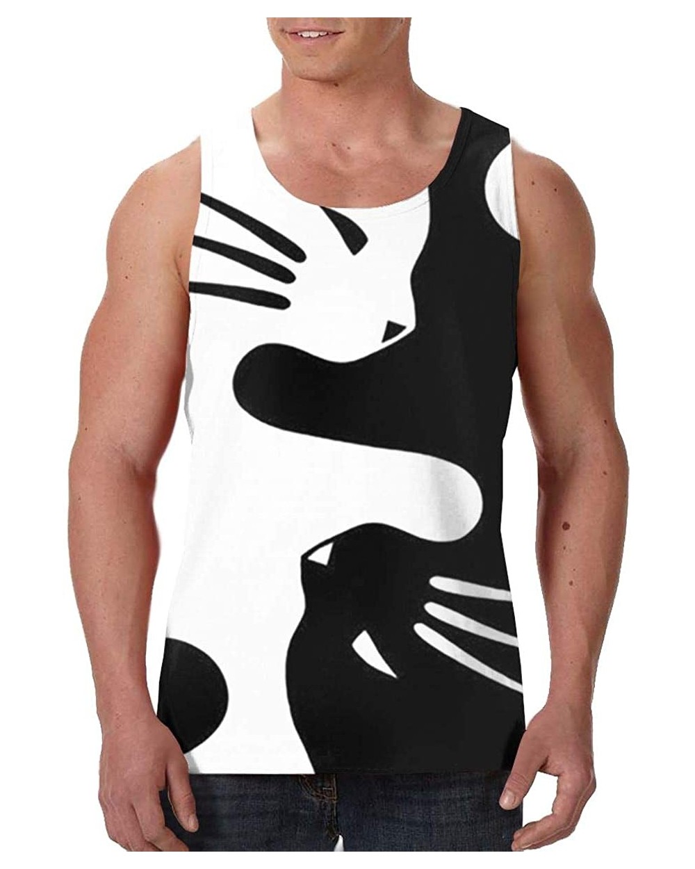 Men's Soft Tank Tops Novelty 3D Printed Gym Workout Athletic Undershirt - Yin Yang Black and White Sleepy Cat - CV19DE9ZZ22 $...